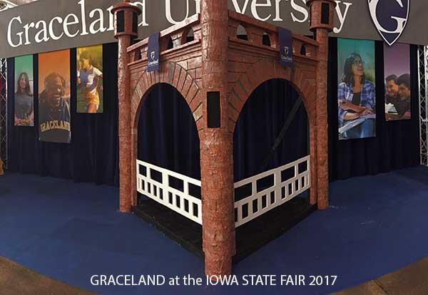 Graceland University at the 2017 Iowa State Fair - booth with photo opt in a tower turret