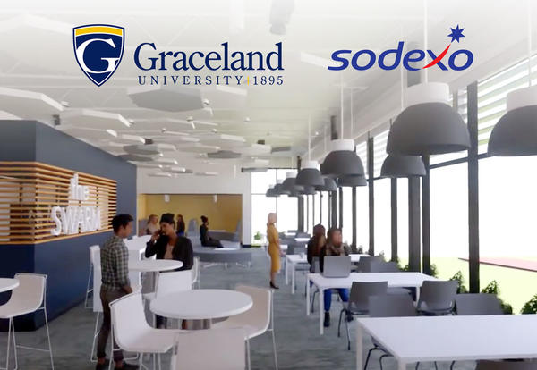 A simulated image of what the Swarm Inn could look like in the newly renovated Newcom Student Union with the organizational logos of Graceland University and Sodexo