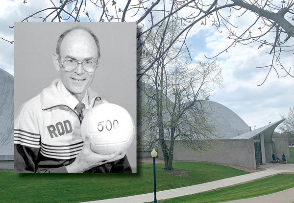 photo of Rod Schall holding a volleyball on top of photo of Closson Center gym