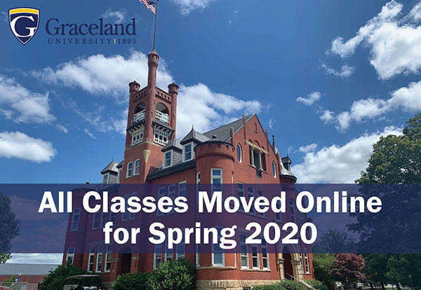 Administration building with overlying text reading: All classes moved online for Spring 2020