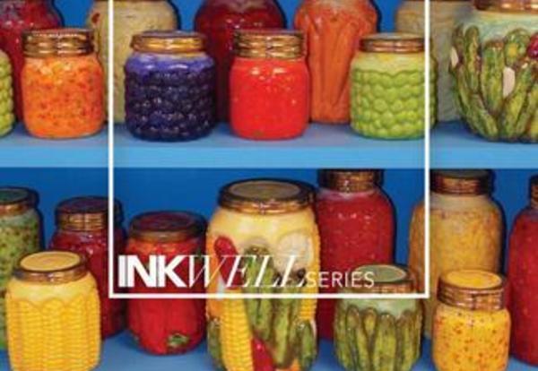 Ceramic jars with colorfully painted vegetables and fruit on them to look like canned items: Inkwell Series