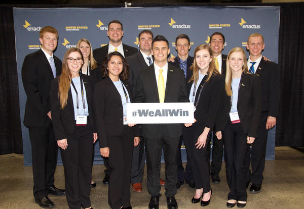 The 2018 Enactus team from Graceland as they advance to the U.S. National Exposition. Sign: #WeAllWin