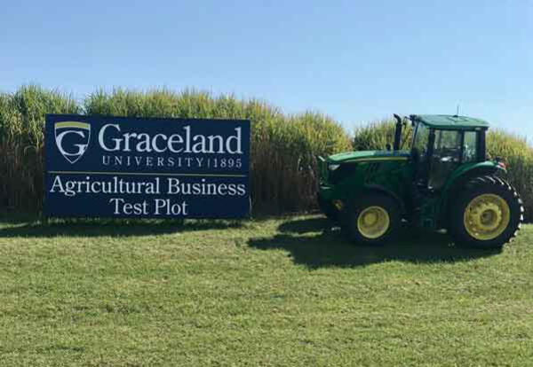 A John Deere tractor parked at Graceland's ag business test plot