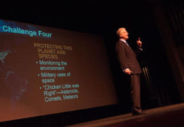 Dr. Roger D. Launius addresses a full house in the Shaw Family Auditorium