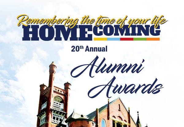 Tower of the Higdon Administration Building with the words "Remembering the time of your life. Homecoming 20th annual alumni awards."