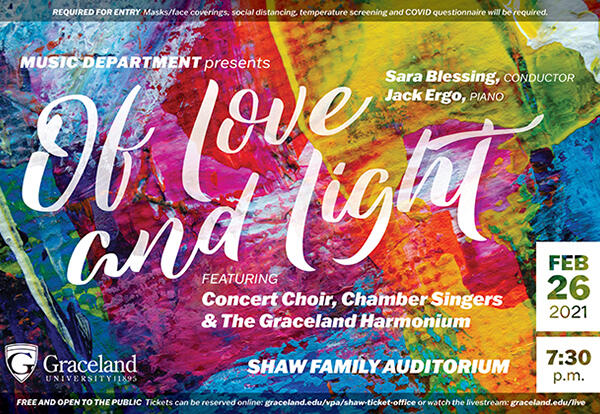Colorful image with the words "Of Love and Light" and concert details outlined in the story.