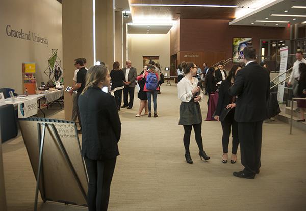 Students meeting with potential companies for internship opportunities in Graceland University's Shaw Center on the Lamoni campus.