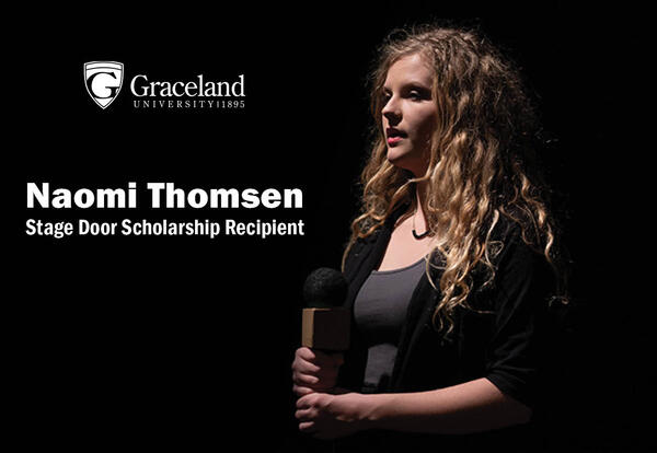 photo of Naomi Thomsen with text reading "Stage Door Scholarship Recipient"
