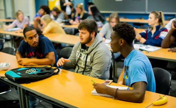 Student talking in groups in class