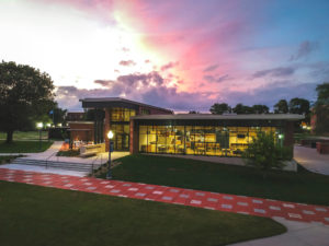 Newcom Student Union building sunset