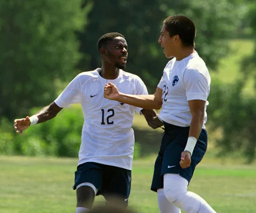 men's soccer players celebrate on field