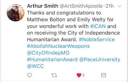 Humanitarian Award tweet about Matthew Bolton and Emily Welty