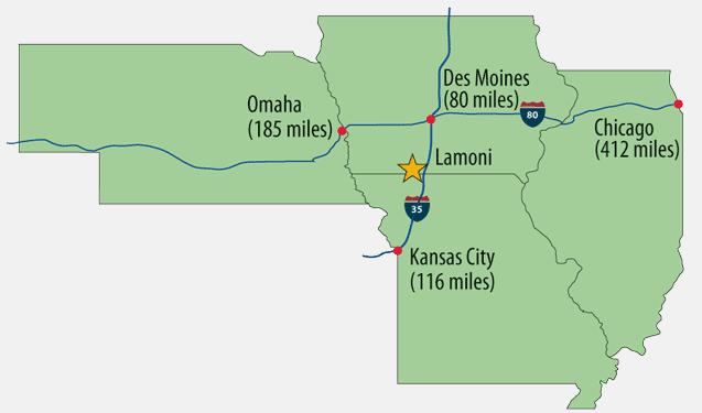 Lamoni is centrally located between Kansas City, Des Moines, Omaha, and Chicago.