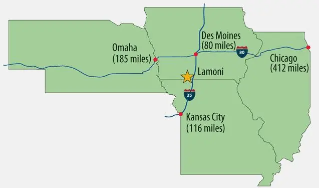 Lamoni is centrally located between Kansas City, Des Moines, Omaha, and Chicago.