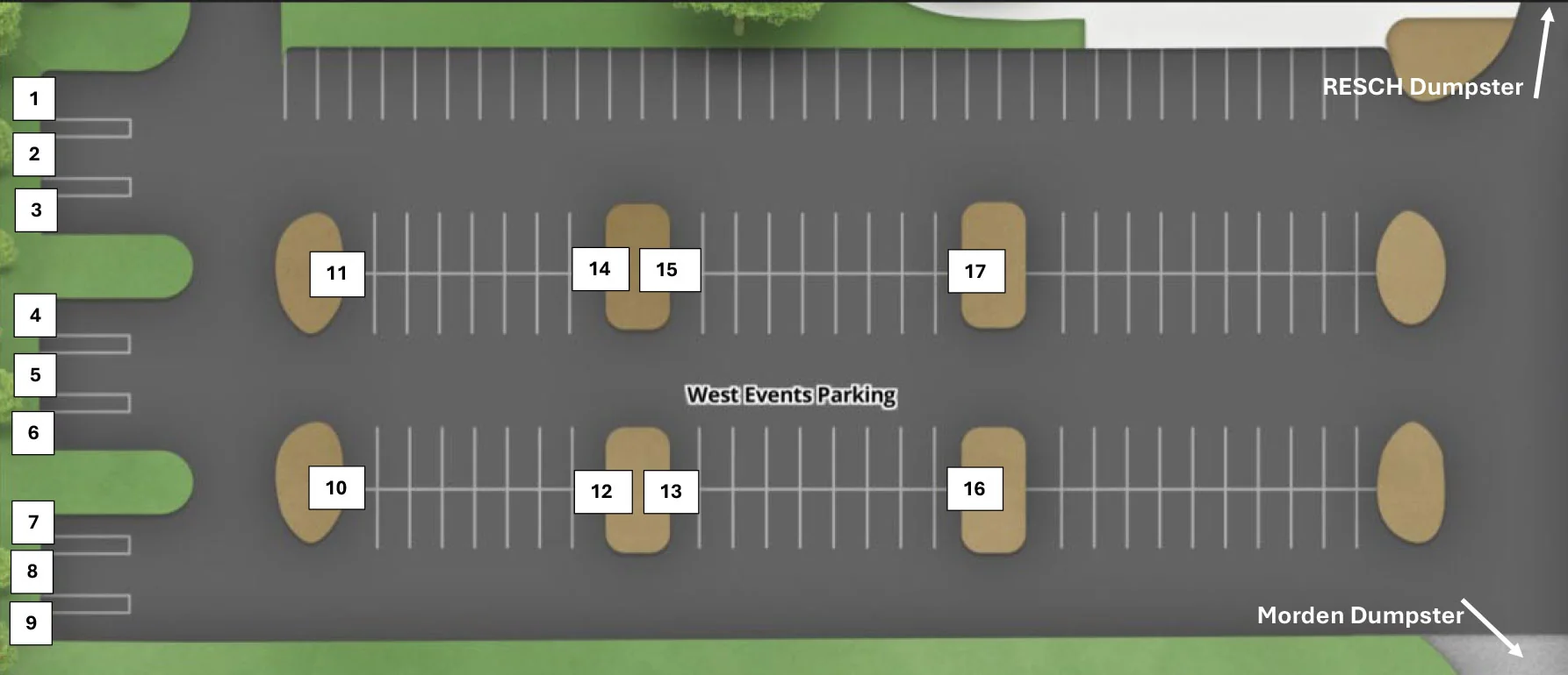 West Events RV Parking map - spots 1-9 on far west end, spots 10-17 along the islands.