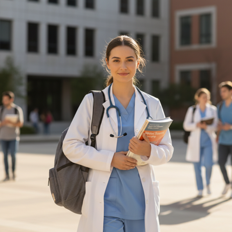 Student in medical attire with stethoscope and books on Graceland University campus, embodying academic dedication